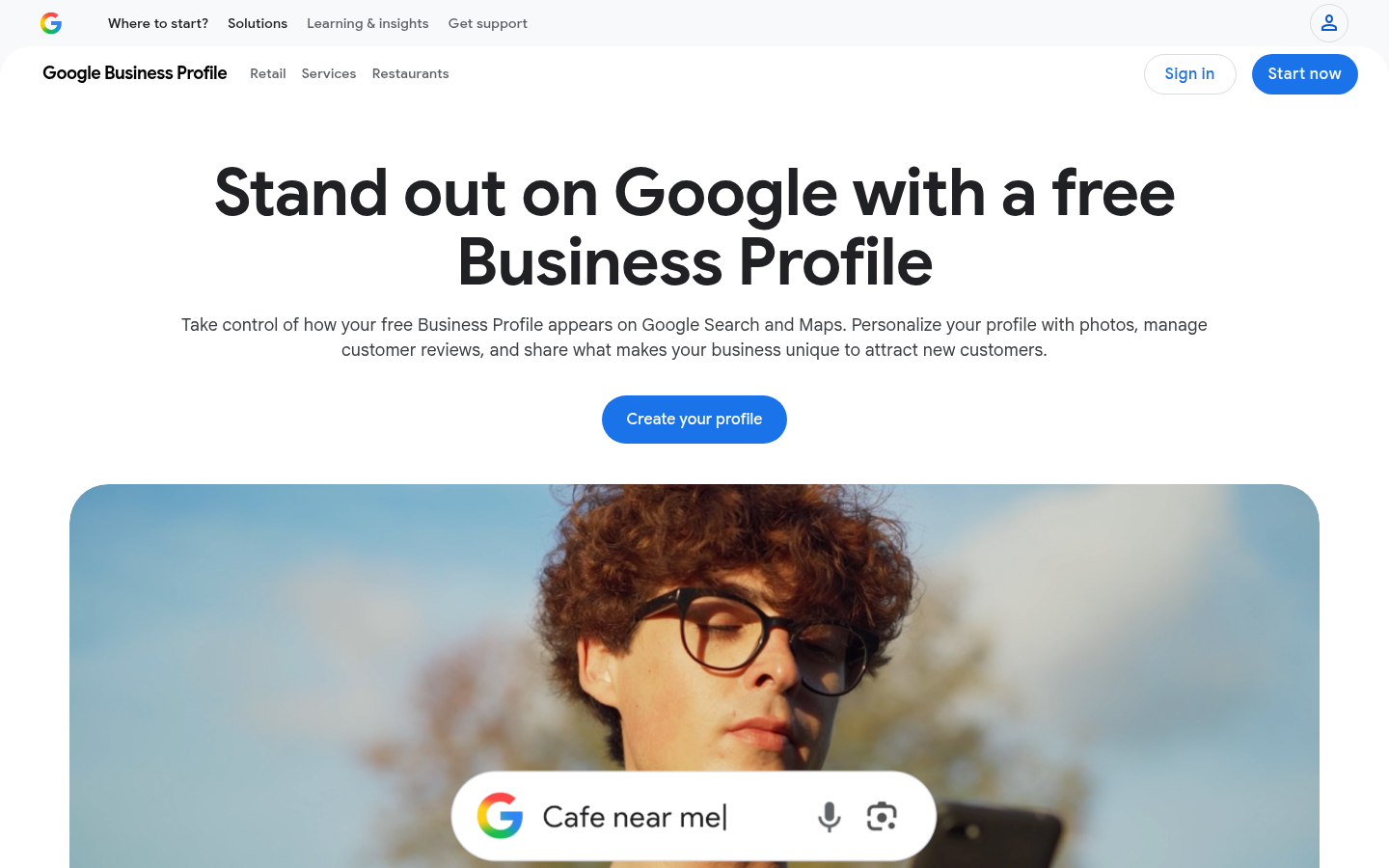 無料のビジネスプロフィール作成と管理を案内するGoogle Business Profileの公開ページ