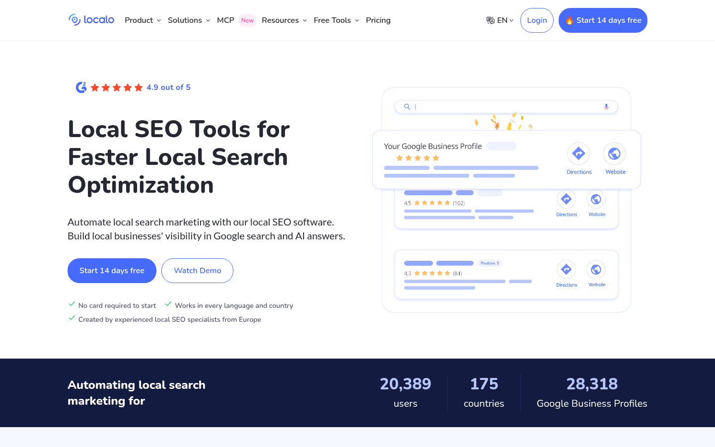 GBP最適化とローカル順位の機能を紹介するLocaloの公開ページ