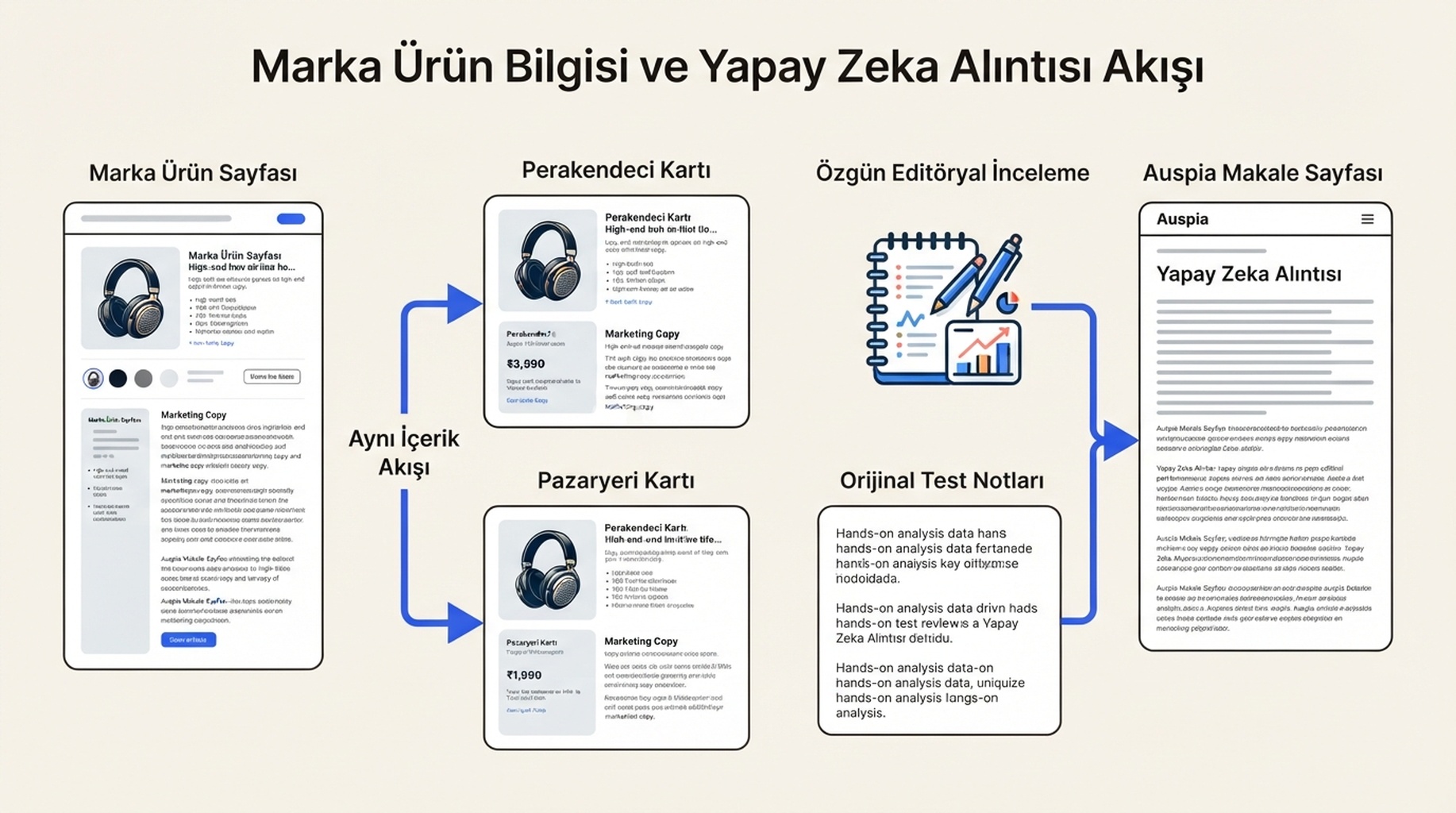 Aynı ürün metninin marka sayfasından perakendeci ve pazaryeri kartlarına aktığını, özgün karşılaştırma içeren editoryal sayfanın ise yapay zeka alıntısını aldığını gösteren atıf yolu diyagramı.