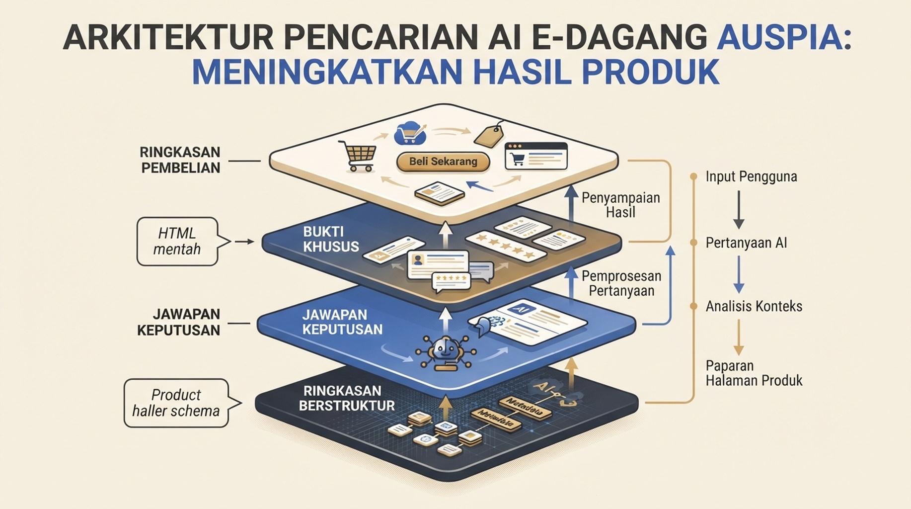 Seni bina empat lapisan untuk halaman produk yang boleh dibaca AI: ringkasan pembelian, bukti khusus, jawapan keputusan dan ringkasan data berstruktur, dengan titik sentuhan HTML mentah dan Product schema.
