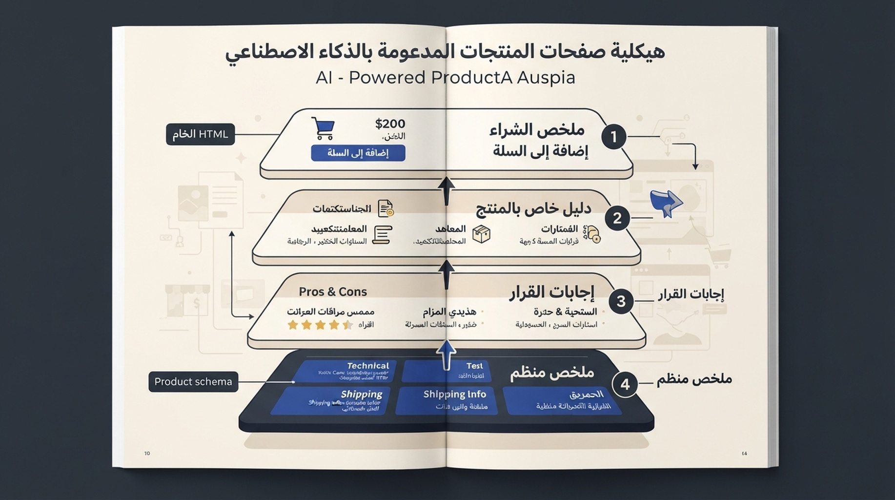 بنية من أربع طبقات لصفحة منتج يمكن للذكاء الاصطناعي قراءتها: ملخص الشراء، أدلة المنتج، إجابات القرار وملخص البيانات المنظمة مع نقاط تلامس HTML الخام وProduct schema.