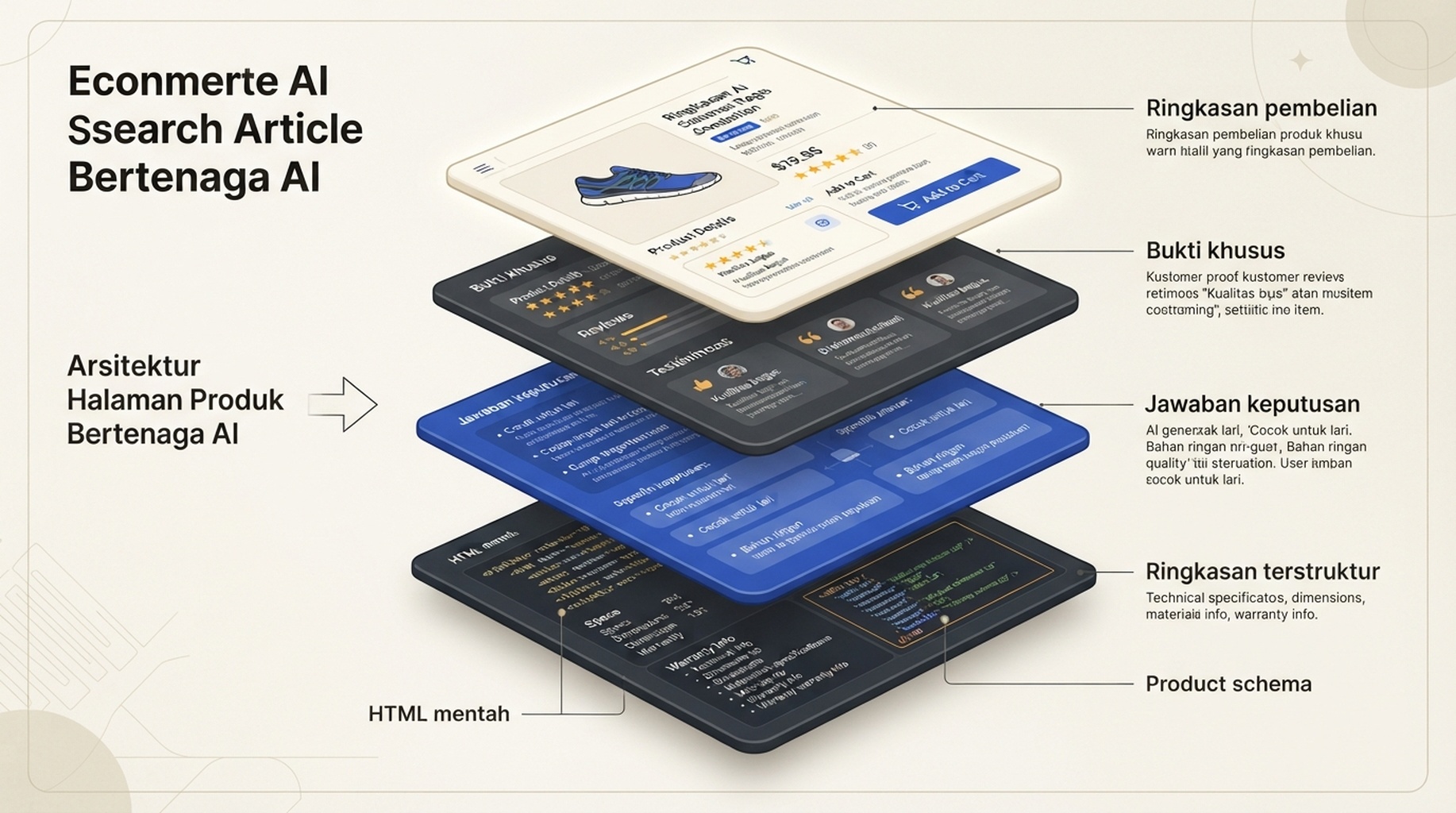 Arsitektur empat lapisan halaman produk yang dapat dibaca AI: ringkasan pembelian, bukti khusus, jawaban keputusan, dan ringkasan data terstruktur dengan titik sentuh HTML mentah dan Product schema.