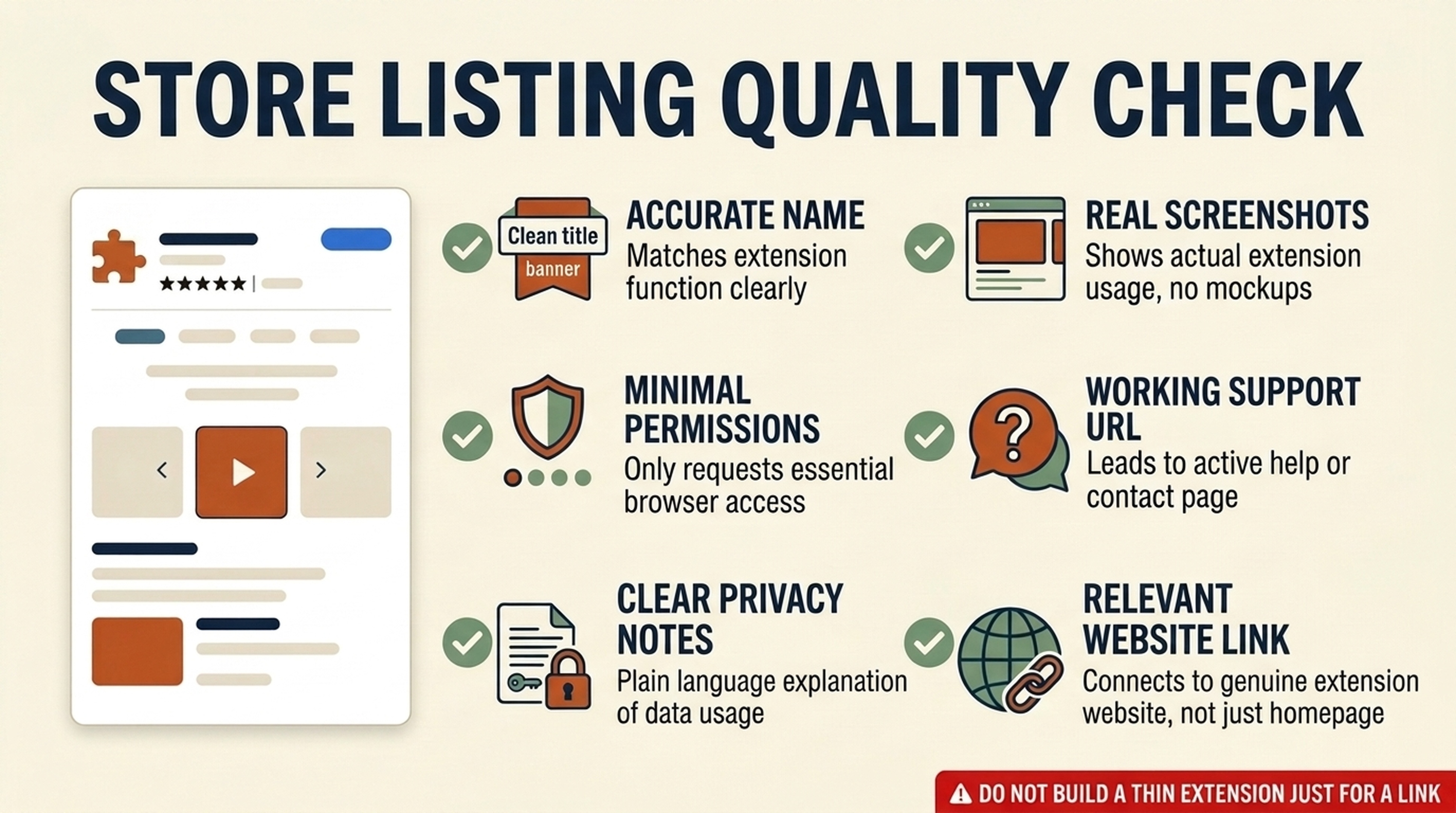 Checklist for a trustworthy Chrome Web Store listing, including screenshots, permissions, privacy information, and a relevant website link