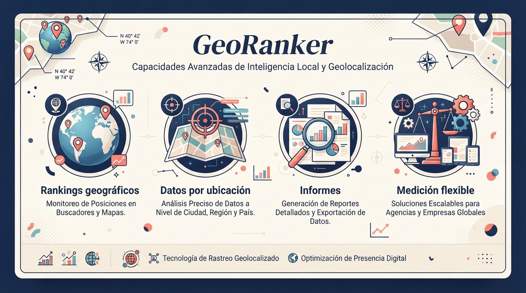 Tarjeta de GeoRanker para rankings geograficos, datos por ubicacion e informes
