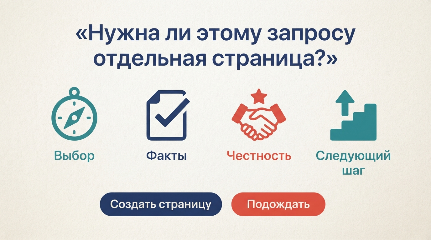 Матрица решения о том, заслуживает ли запрос Google отдельной SEO-страницы для партнерского маркетинга: помогает ли она покупателю выбрать, использует ли другие факты, дает ли честный ответ и указывает ли на ясный следующий шаг.