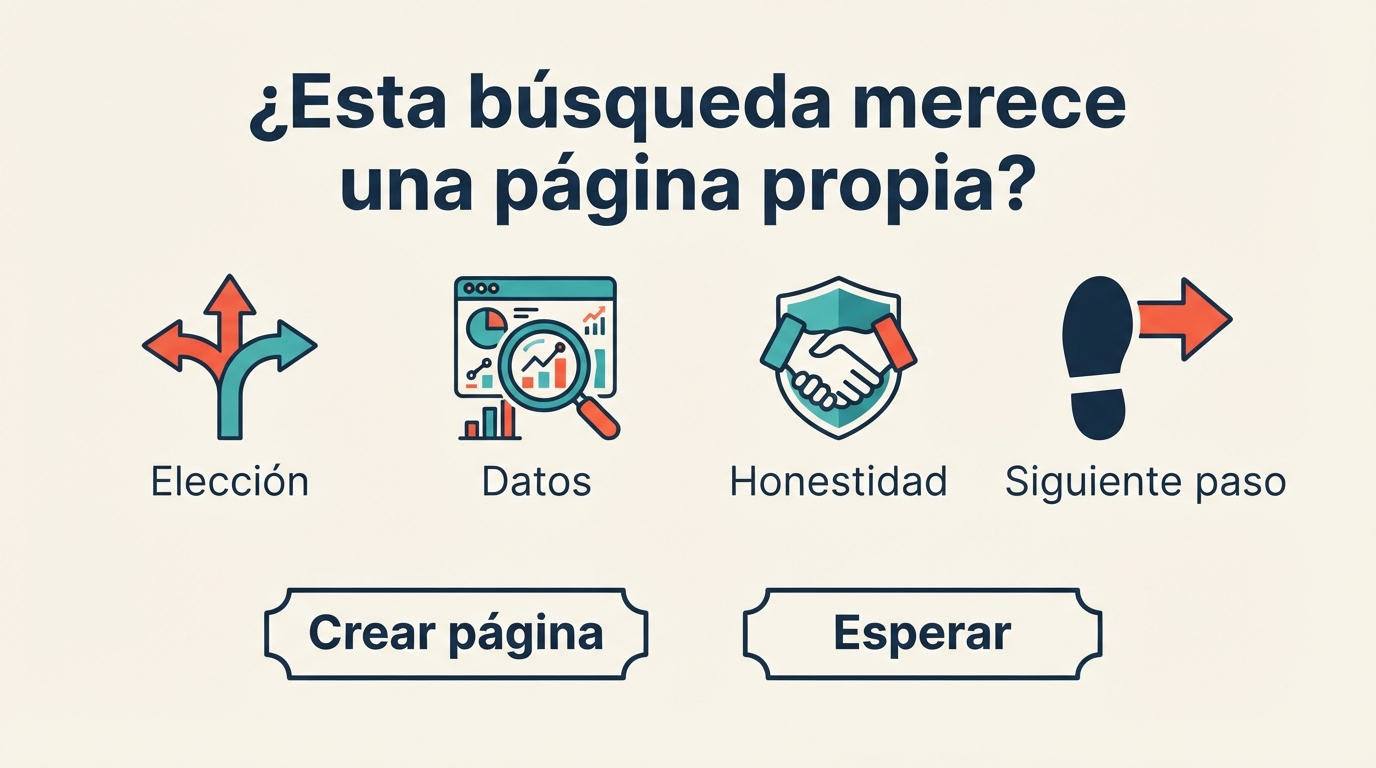 Matriz para decidir si una búsqueda de Google merece su propia página de SEO de afiliados: debe ayudar al comprador a elegir, usar datos diferentes, dar una respuesta honesta e indicar un siguiente paso claro.