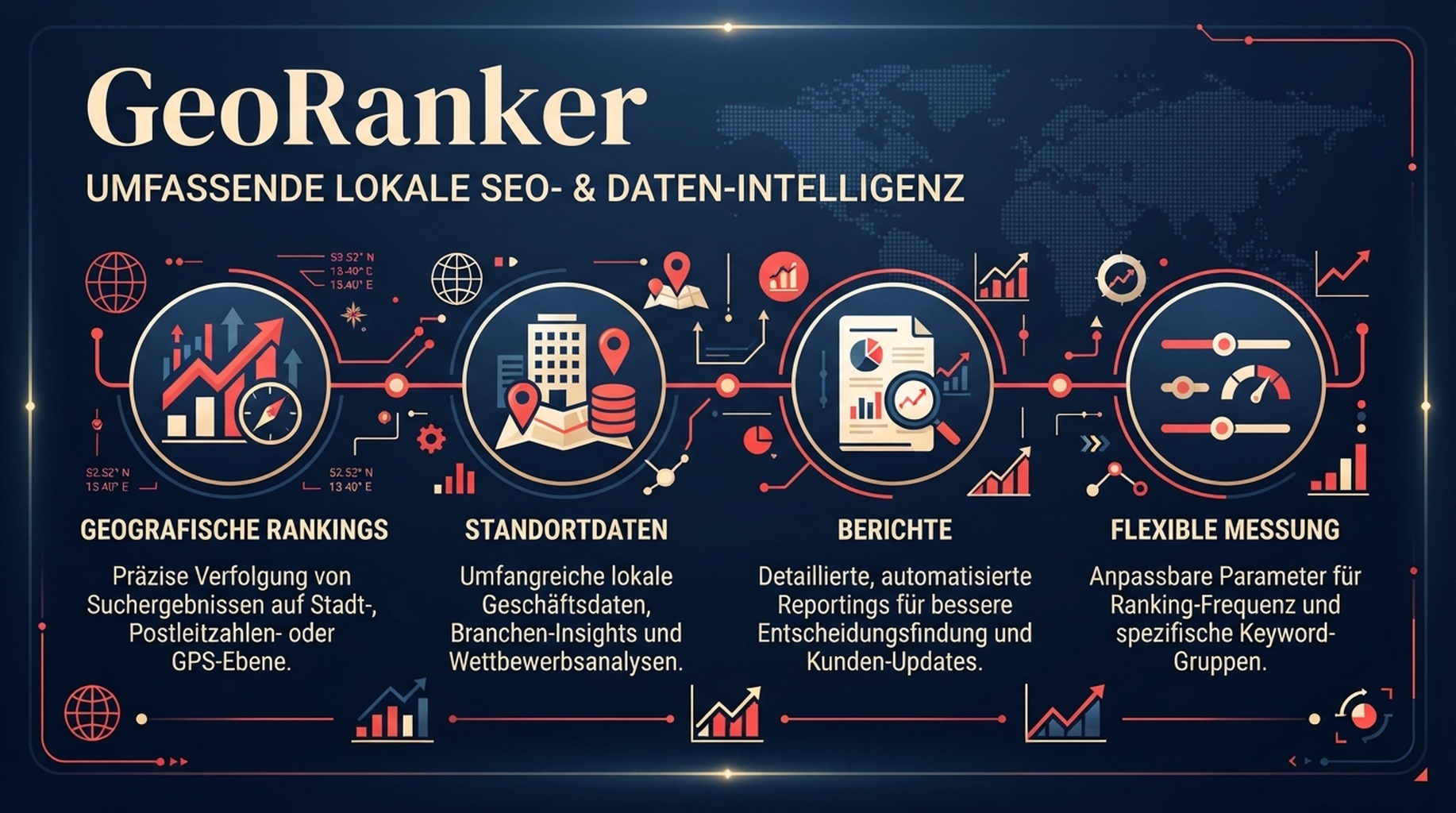GeoRanker-Funktionskarte fuer geografische Rankings, Standortdaten und Berichte