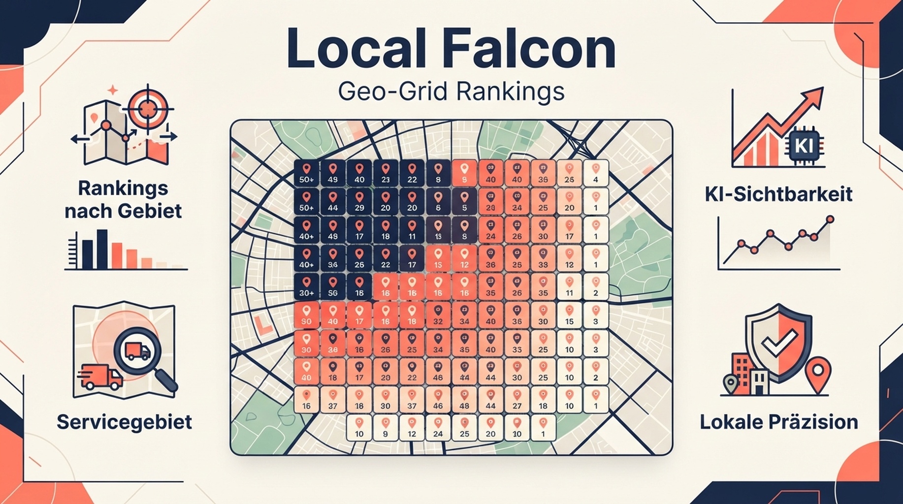 Local-Falcon-Funktionskarte fuer Geo-Grid, Gebiets-Rankings und KI-Sichtbarkeit