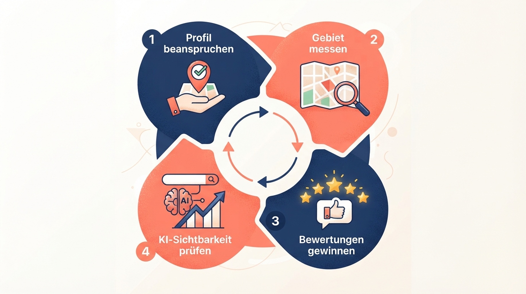 Kreislauf lokaler Sichtbarkeit mit Profil, Gebietsmessung, Bewertungen und KI-Sichtbarkeitspruefung
