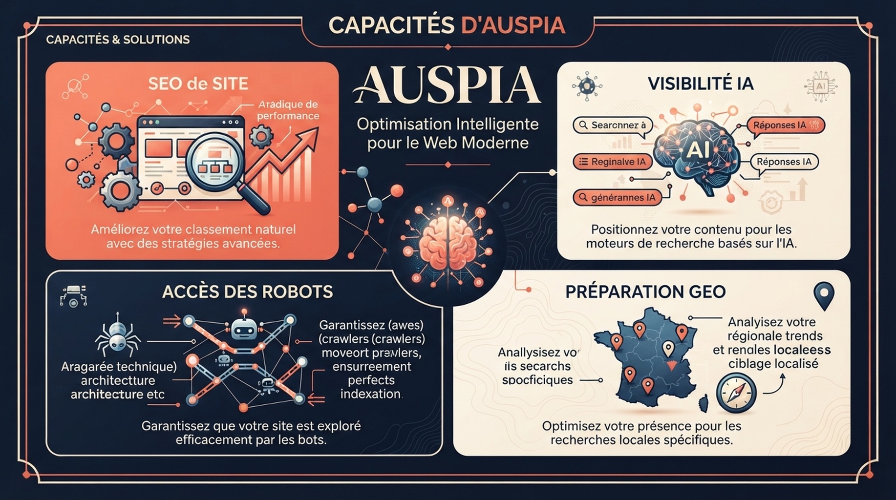 Carte Auspia pour SEO de site, visibilité IA, accès des robots et préparation GEO