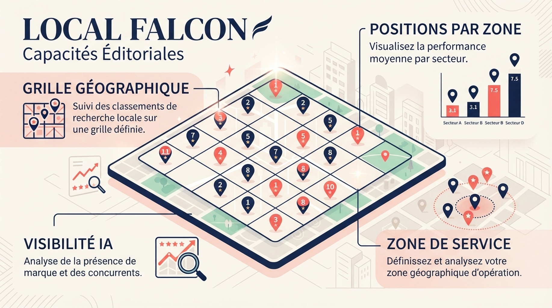 Carte Local Falcon pour grille géographique, positions par zone et visibilité IA