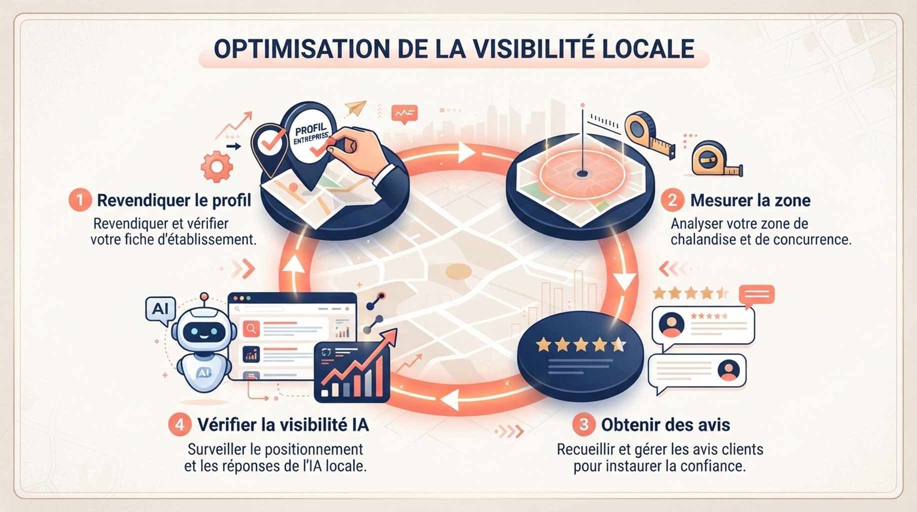 Boucle de visibilité locale reliant profil, mesure de zone, avis et contrôle de visibilité IA