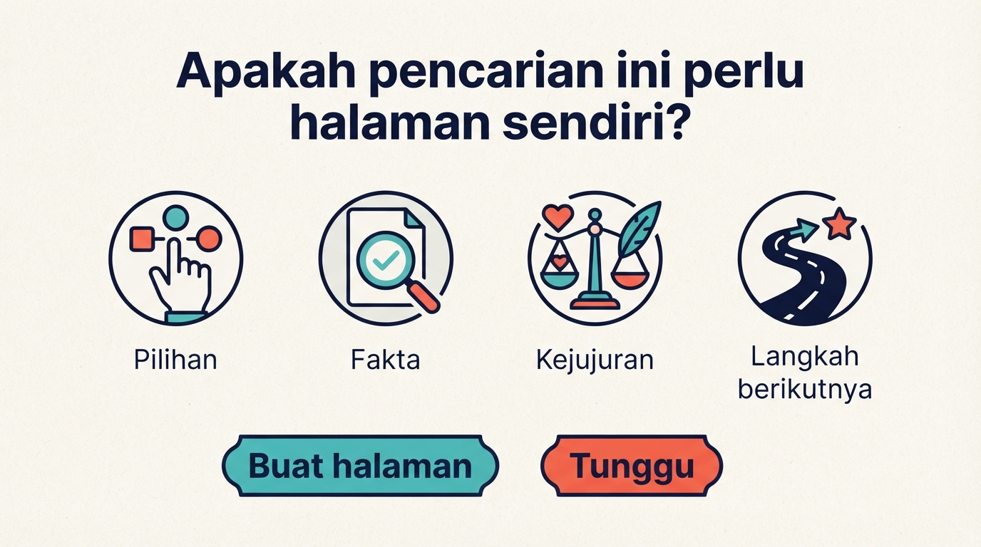 Matriks keputusan untuk menentukan apakah pencarian Google layak mendapat halaman SEO afiliasi sendiri: apakah halaman membantu pembeli memilih, memakai fakta berbeda, memberi jawaban jujur, dan mengarahkan ke langkah berikutnya yang jelas?