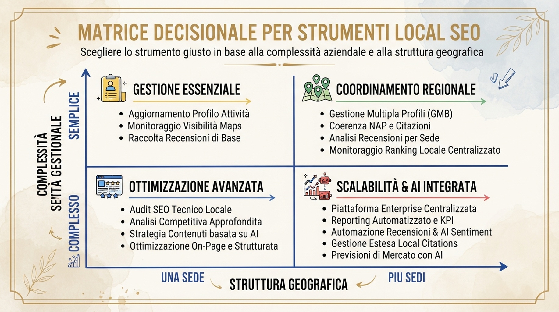Matrice delle categorie di strumenti SEO locali per dimensione dell'impresa e complessita operativa