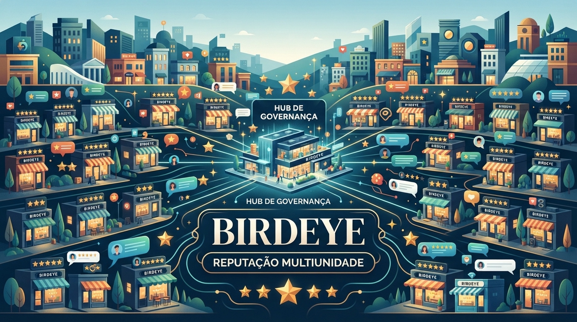 Cartao Birdeye para varias unidades, avaliacoes, feedback e reputacao