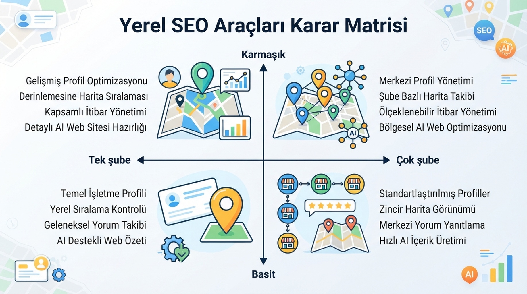 İşletme ölçeği ve operasyonel karmaşıklığa göre yerel SEO aracı kategorilerinin matrisi