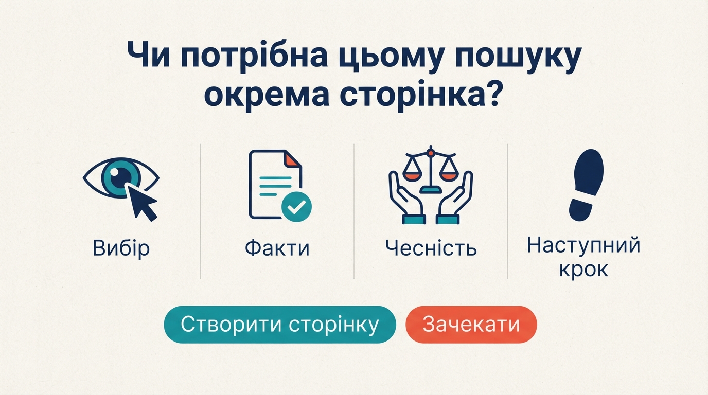 Матриця рішень, що визначає, чи заслуговує пошук Google на окрему affiliate SEO-сторінку: чи допомагає вона покупцеві обрати, чи використовує інші факти, чи дає чесну відповідь і чи вказує на зрозумілий наступний крок?