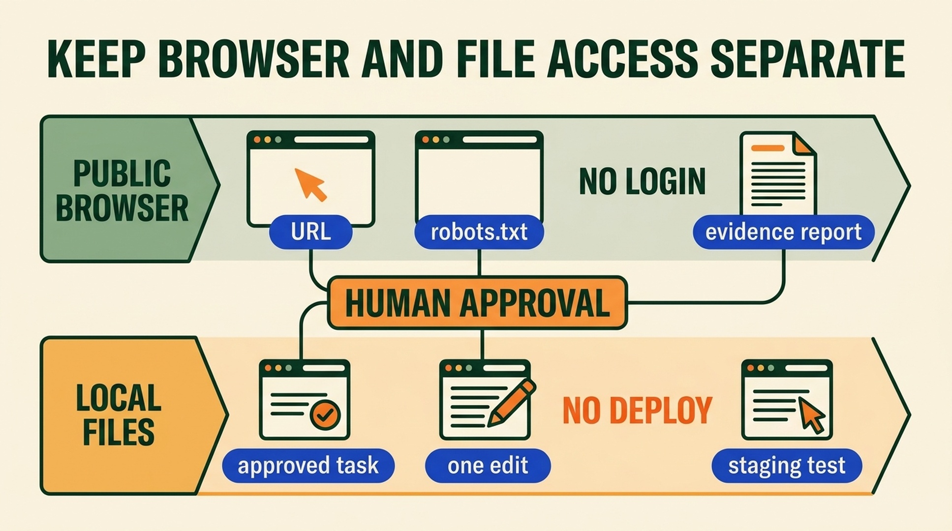 OpenClaw two-permission workflow separating public browser evidence from approved local file edits.