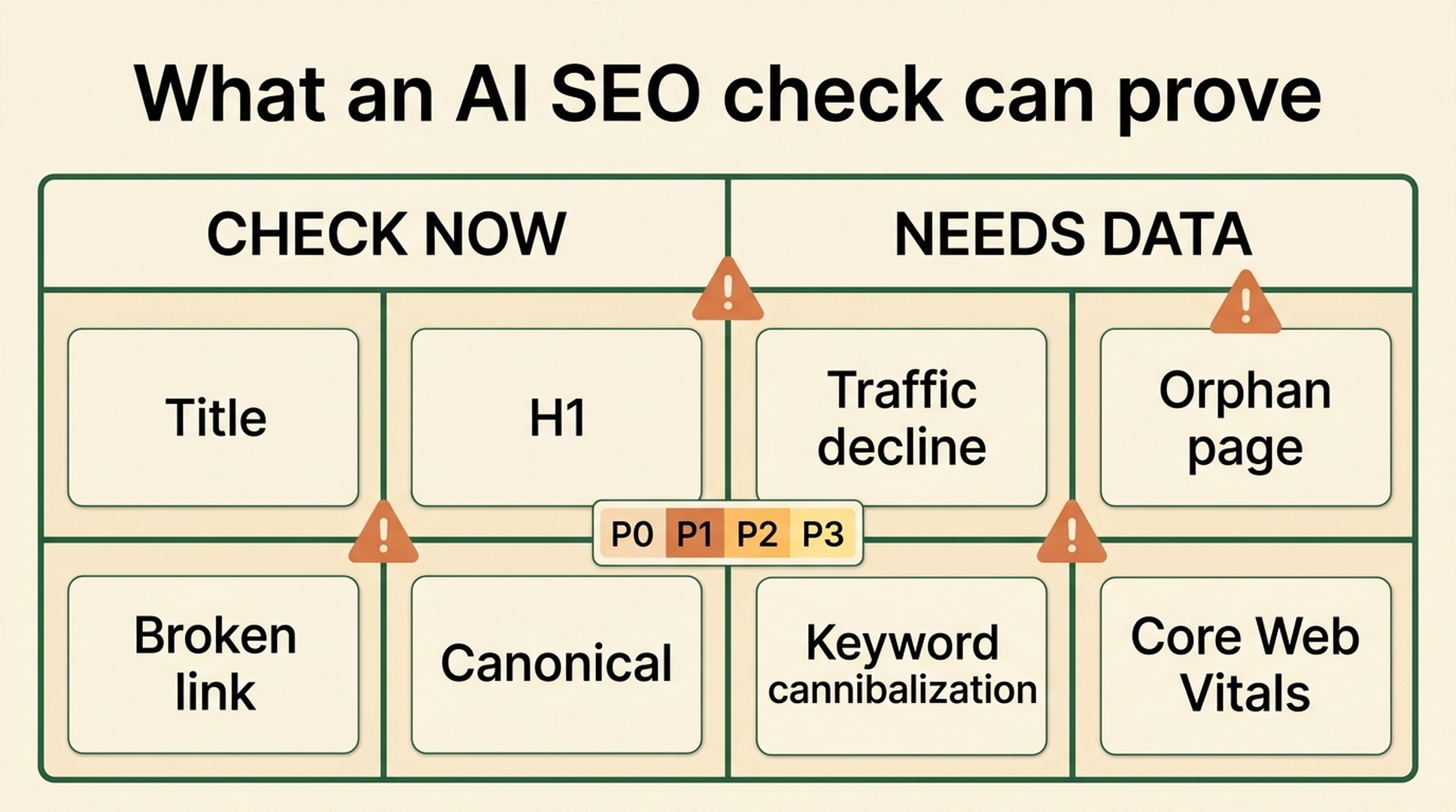 A page-level SEO review separates confirmed checks, improvement opportunities, and items that require Search Console or crawl data.
