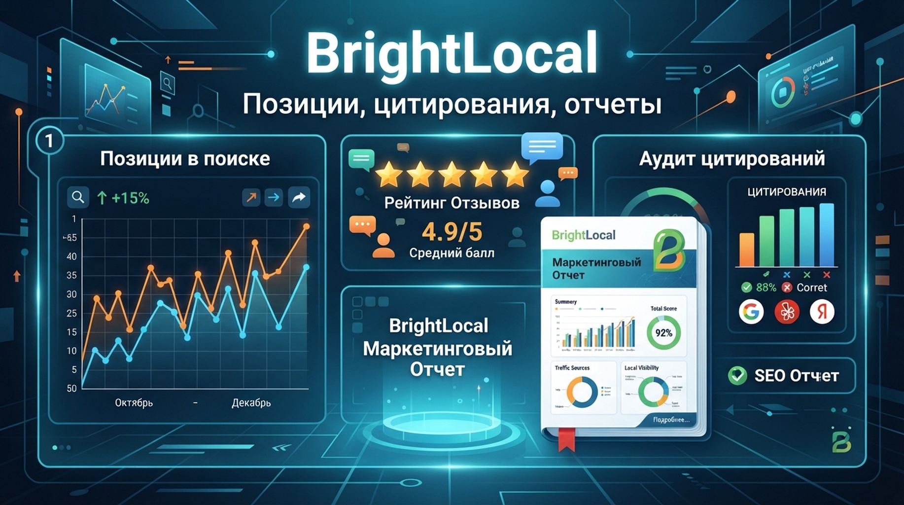 Карточка BrightLocal для локальных позиций, цитирований, репутации и отчетов