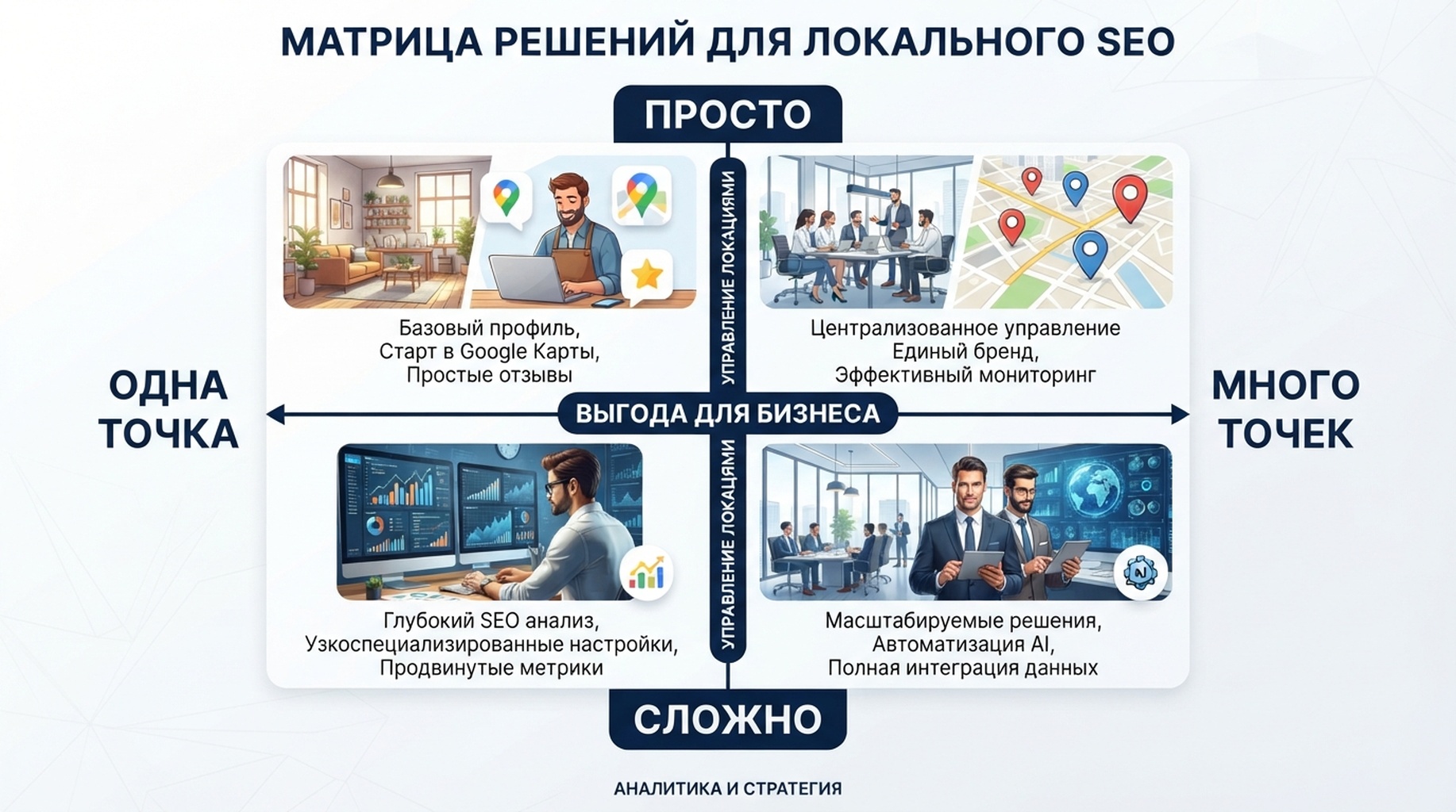 Матрица категорий инструментов локального SEO по масштабу бизнеса и операционной сложности