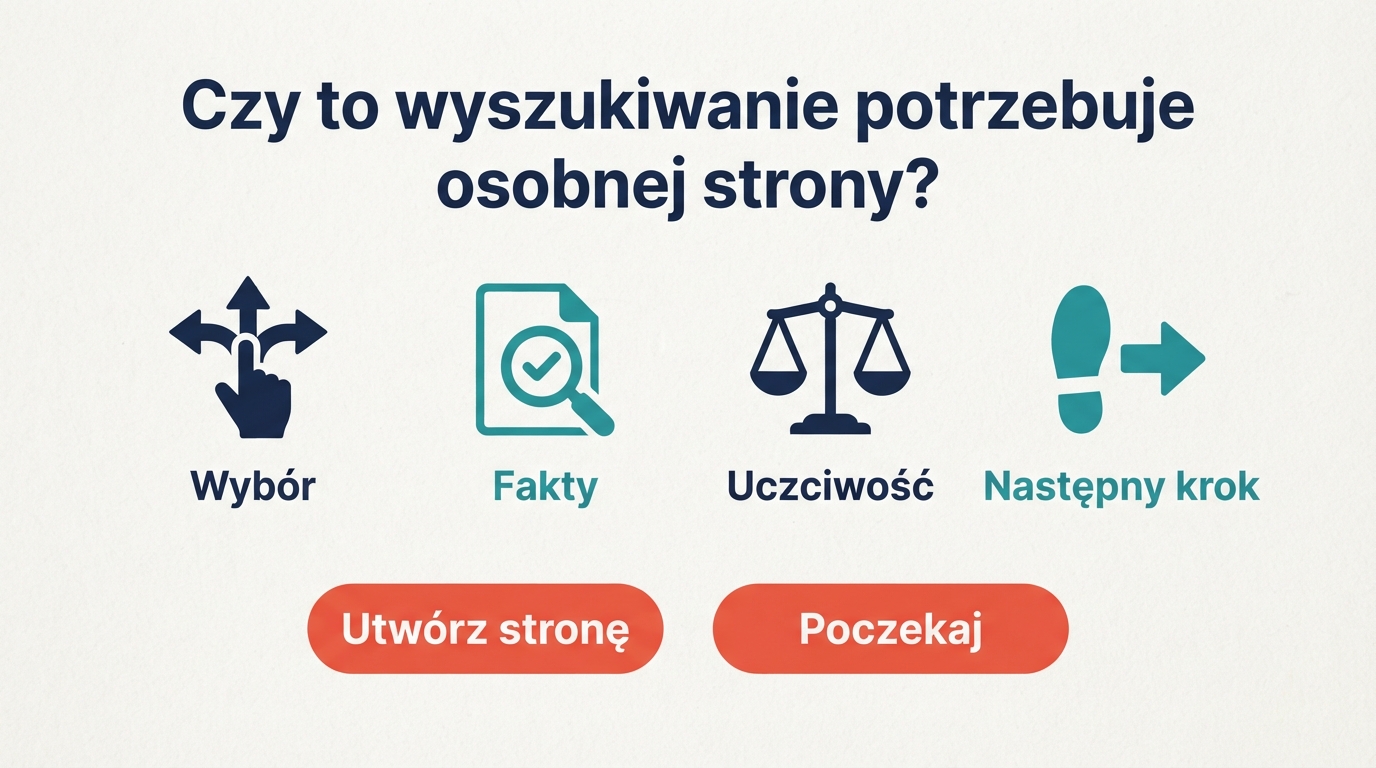 Macierz decyzji określająca, czy wyszukiwanie Google zasługuje na własną stronę affiliate SEO: czy pomaga kupującemu wybrać, wykorzystuje inne fakty, daje uczciwą odpowiedź i wskazuje jasny następny krok?