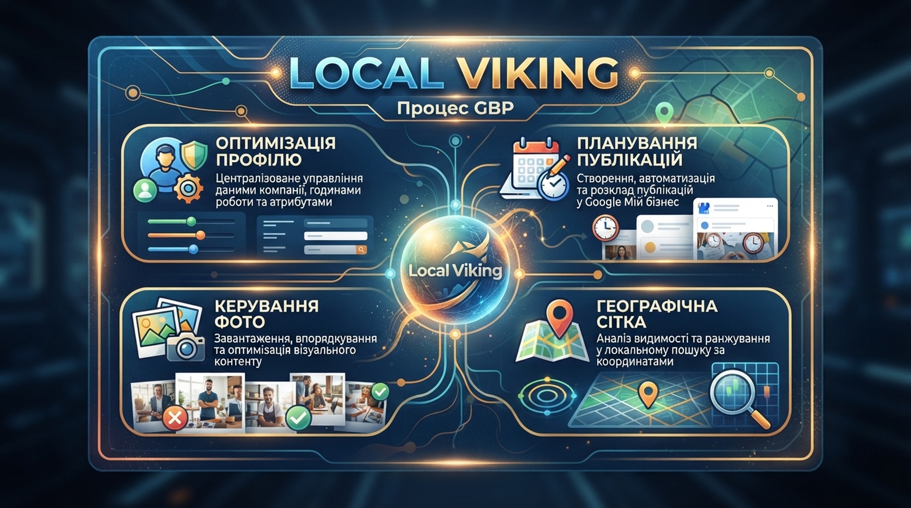 Картка Local Viking для керування GBP, публікацій, фото та географічної сітки
