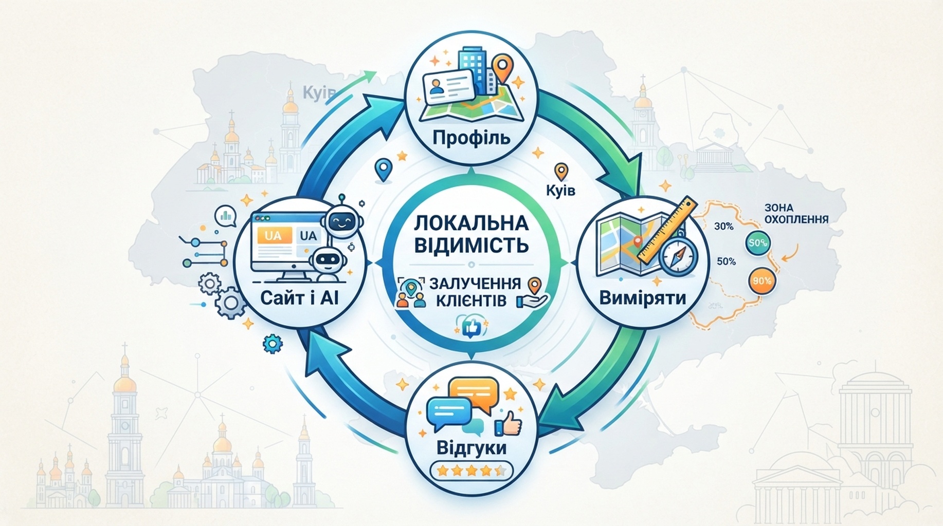 Цикл локальної видимості, що поєднує профіль, вимірювання території, відгуки та перевірки AI-видимості