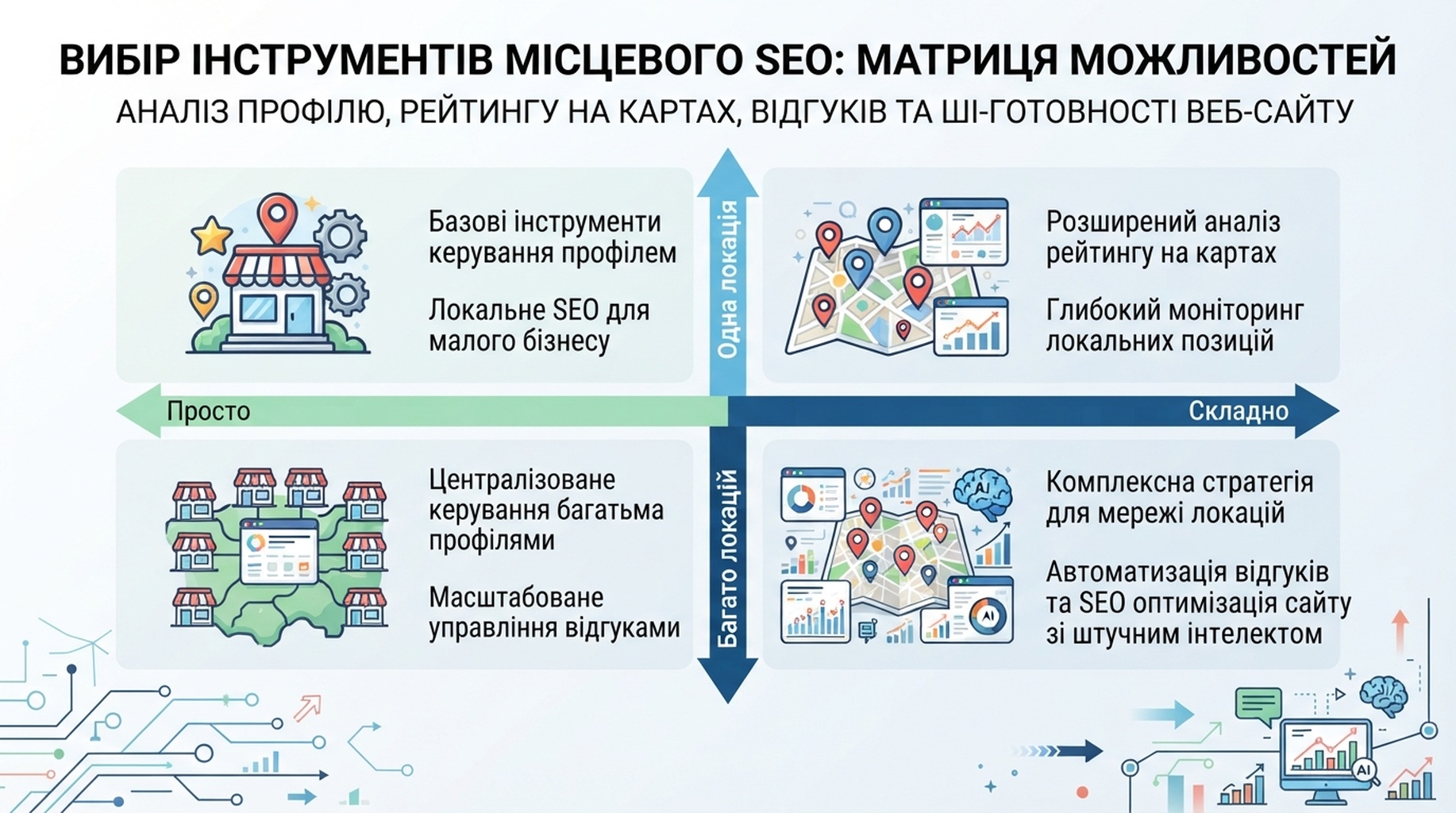 Матриця категорій інструментів локального SEO за розміром бізнесу й операційною складністю