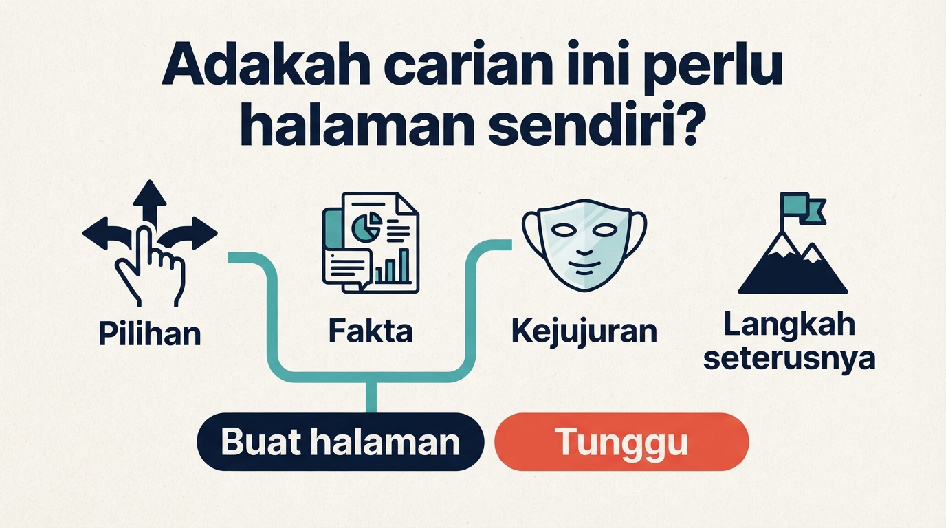 Matriks keputusan untuk menentukan sama ada carian Google layak mendapat halaman SEO affiliate sendiri: adakah ia membantu pembeli memilih, menggunakan fakta berbeza, memberikan jawapan jujur dan menunjukkan langkah seterusnya yang jelas?
