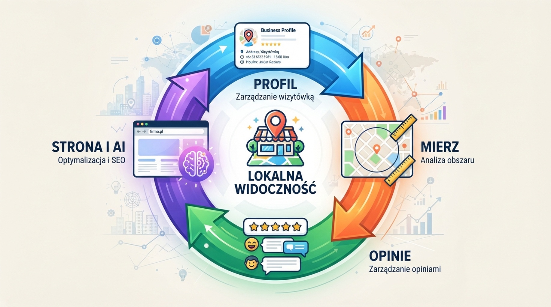 Pętla lokalnej widoczności łącząca profil, pomiar obszaru, opinie i kontrolę widoczności AI