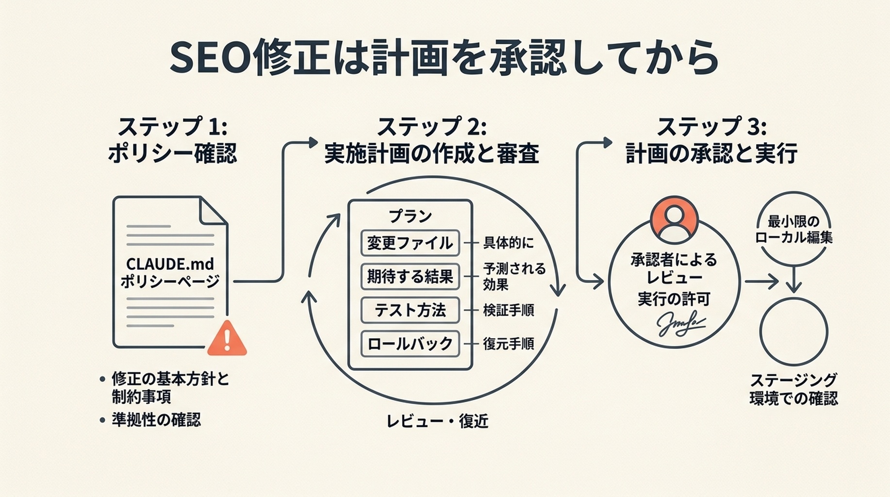 CLAUDE.mdのポリシー、実装計画、承認、最小限のローカル編集、ステージング検証を示すClaude Codeの計画先行ワークフロー。