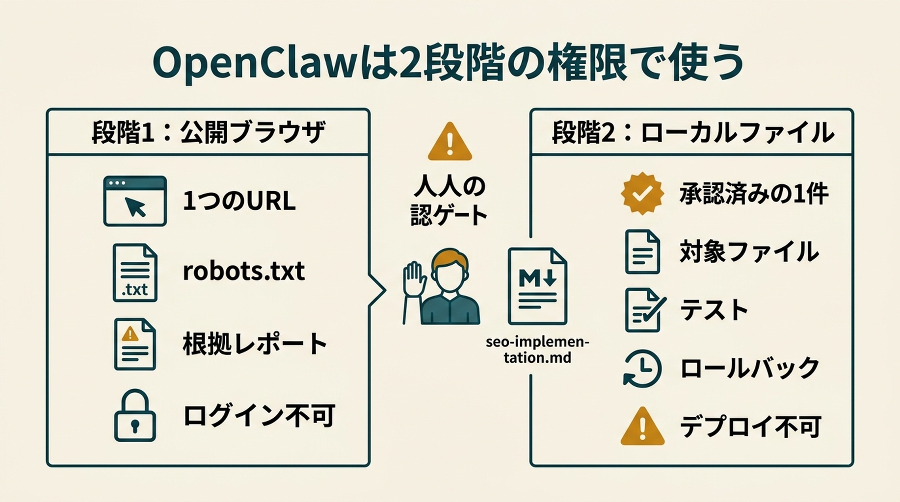 公開ブラウザでの根拠収集と、承認済みのローカルファイル変更を分けるOpenClawの二段階権限ワークフロー。