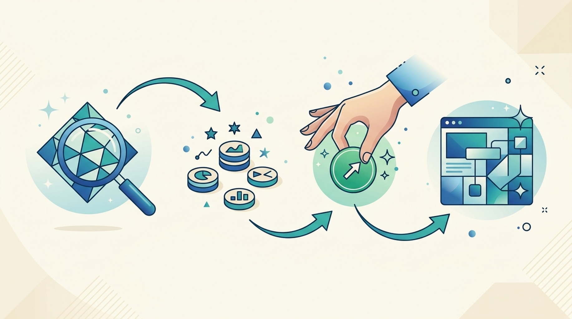 Схема процесса SEO: осмотр страницы, доказательства, одобрение человеком и улучшенная страница.