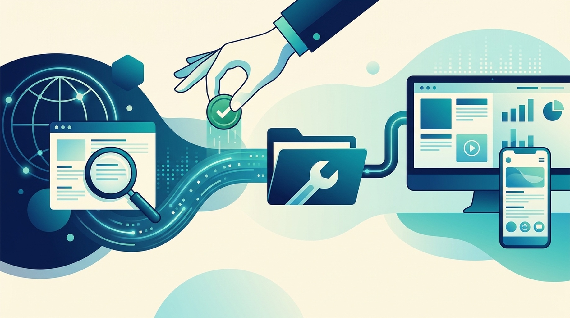 Схема процесса SEO: осмотр страницы, доказательства, одобрение человеком и улучшенная страница.
