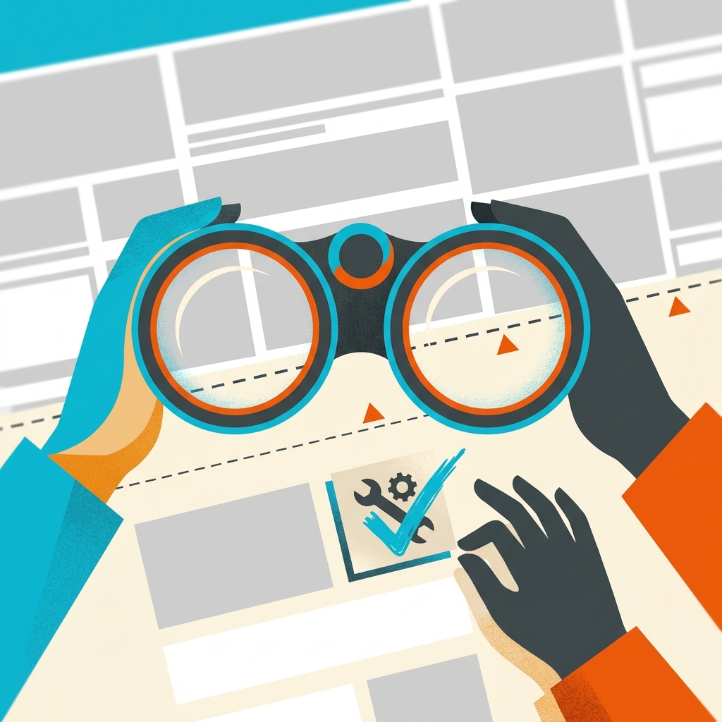 Ilustracion sin texto de una revision SEO: inspeccionar una pagina, aprobar con seguridad y confirmar un cambio local.
