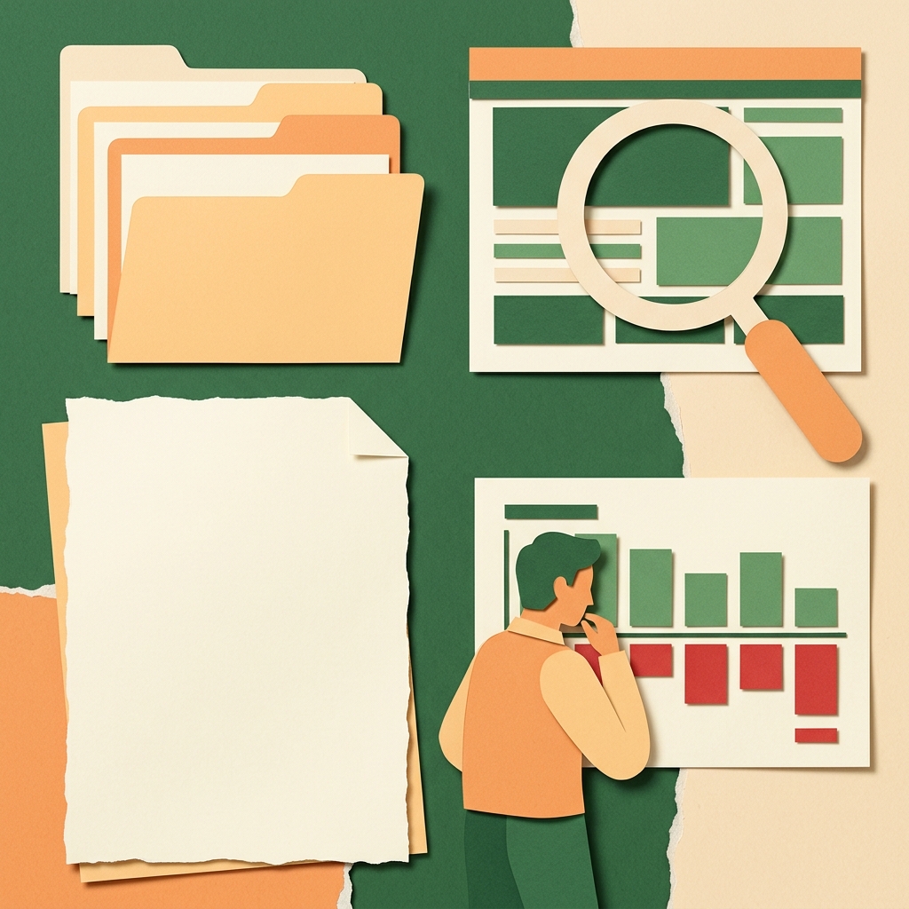 Ilustracion sin texto de una revision SEO: inspeccionar una pagina, aprobar con seguridad y confirmar un cambio local.