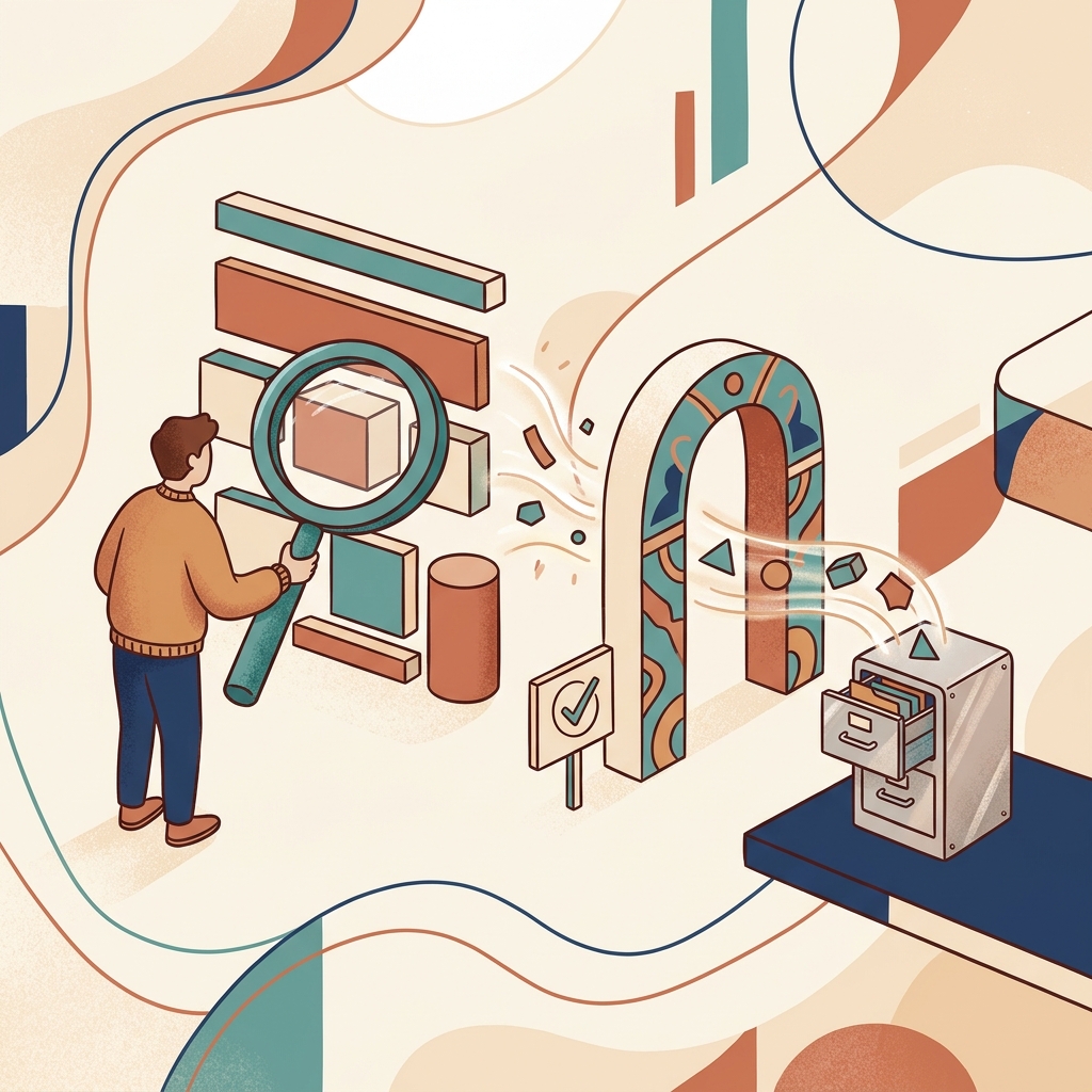Ilustracion sin texto de una revision SEO: inspeccionar una pagina, aprobar con seguridad y confirmar un cambio local.