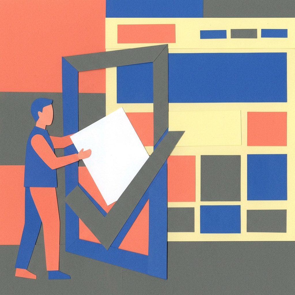 Ilustracion sin texto de una revision SEO: inspeccionar una pagina, aprobar con seguridad y confirmar un cambio local.