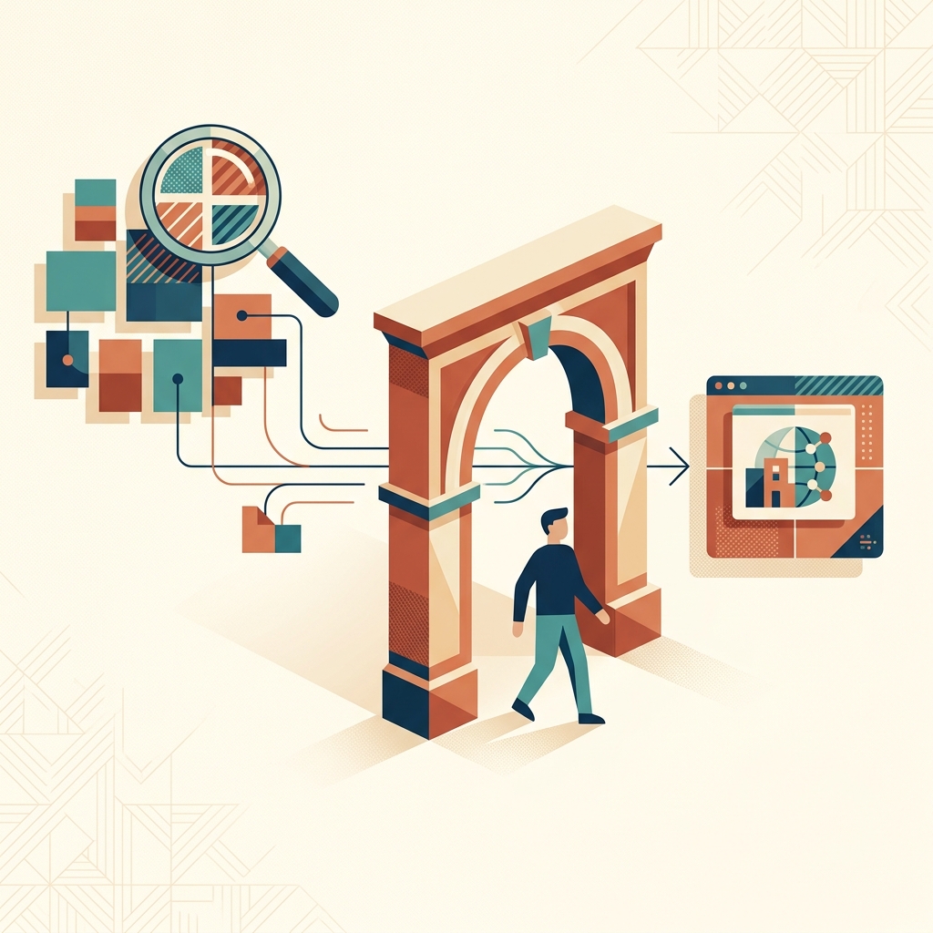 Textfreie Illustration einer SEO-Pruefung: eine Seite untersuchen, sicher freigeben und eine lokale Aenderung bestaetigen.