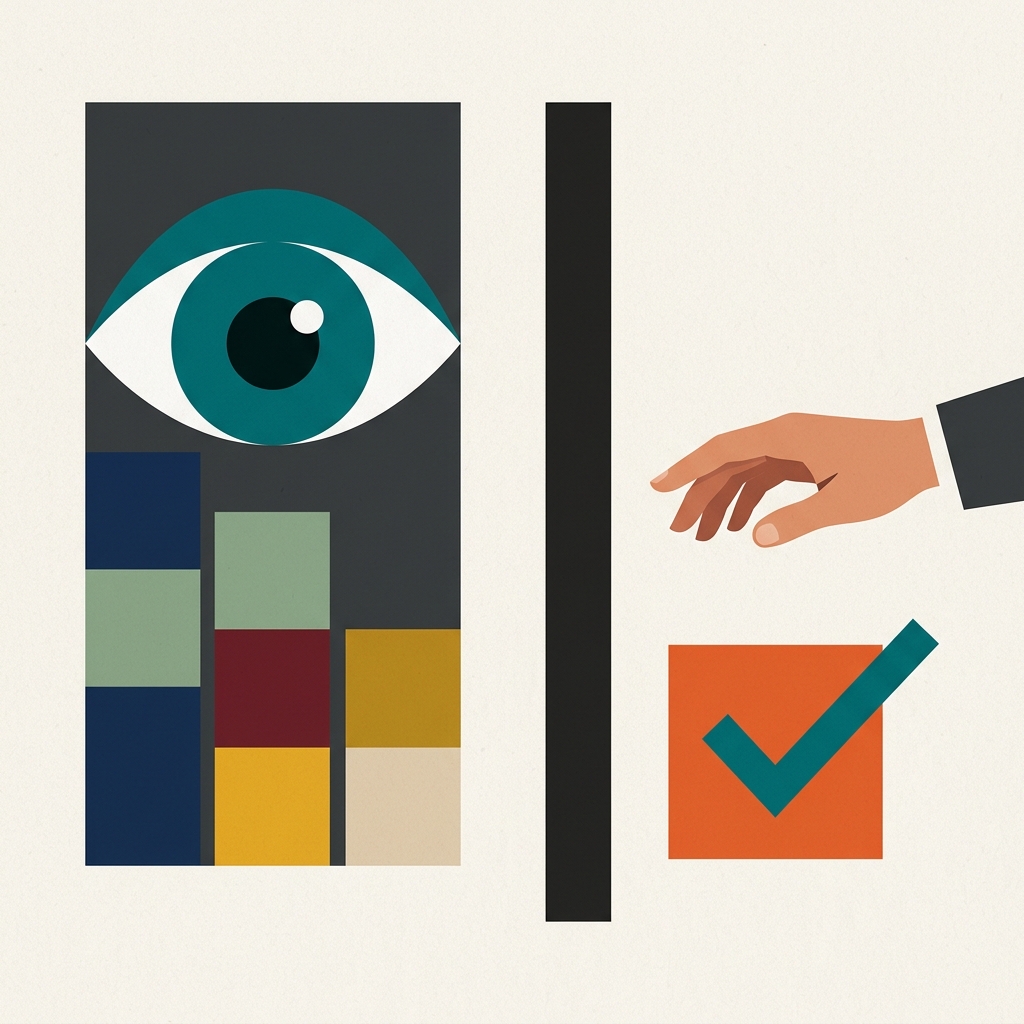 Textfreie Illustration einer SEO-Pruefung: eine Seite untersuchen, sicher freigeben und eine lokale Aenderung bestaetigen.