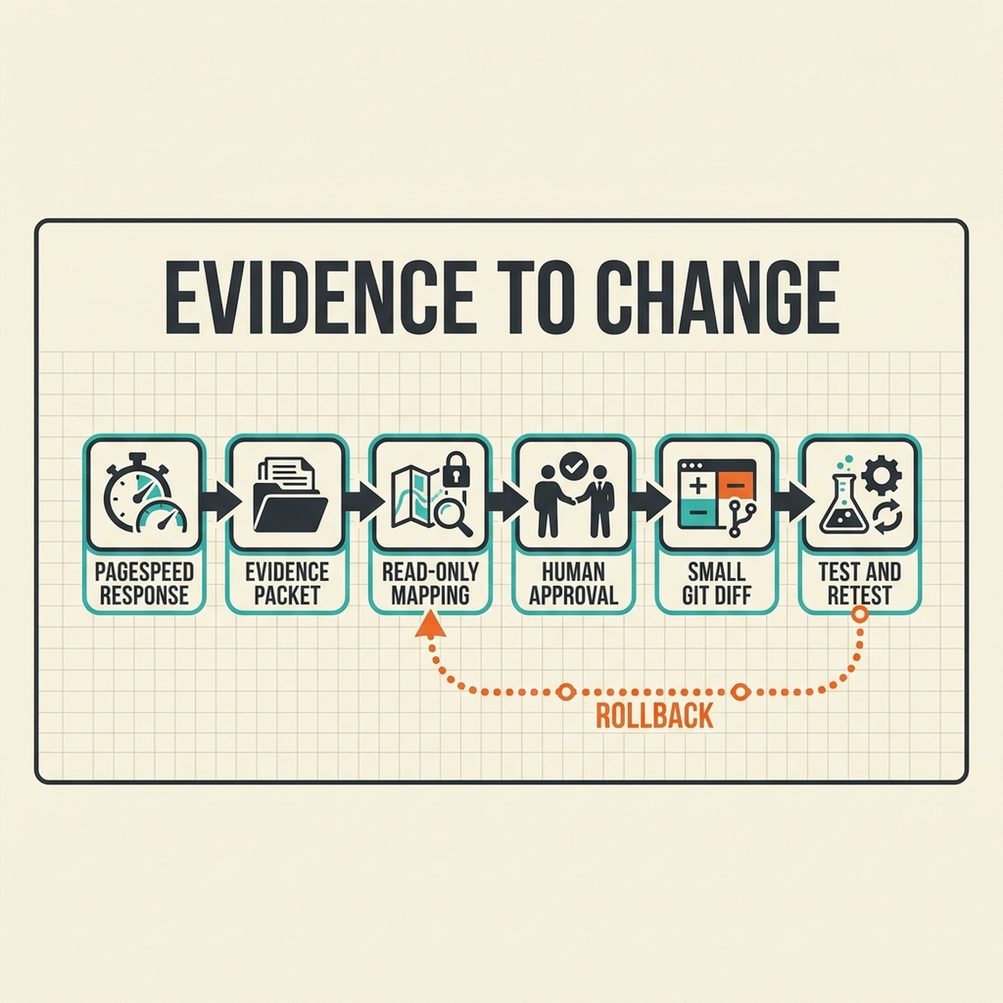 Evidence-to-change sequence from PageSpeed response through an evidence packet, read-only mapping, human approval, a small Git diff, testing, and rollback.