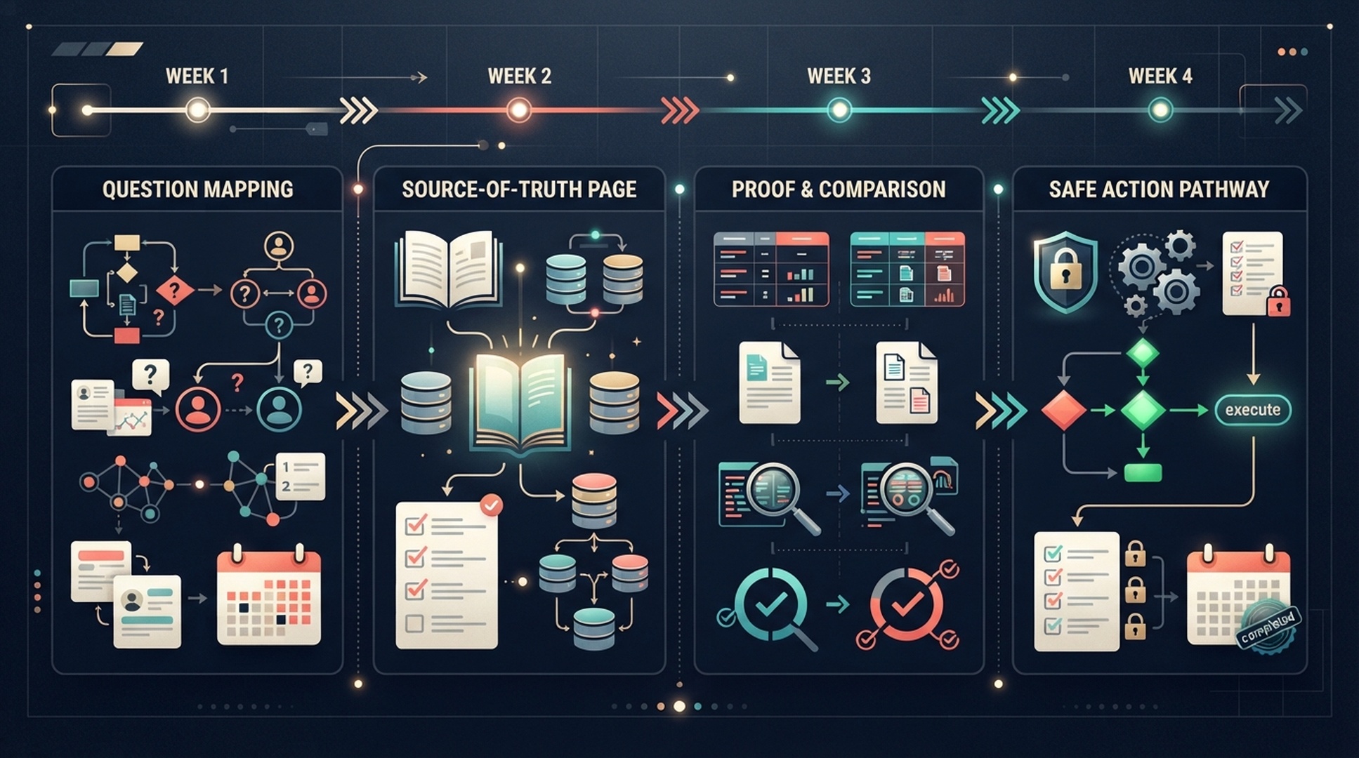 กระดาน A2AO sprint สี่สัปดาห์ที่มีงานการแมปคำถาม หน้า source of truth การสนับสนุนหลักฐาน และเส้นทางการดำเนินการที่ปลอดภัย