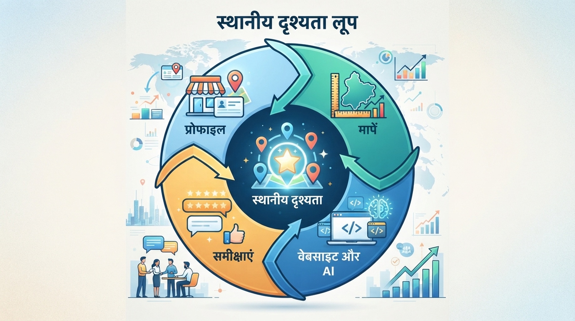 प्रोफाइल, क्षेत्र माप, समीक्षाओं और AI दृश्यता जांच को जोड़ता स्थानीय दृश्यता चक्र