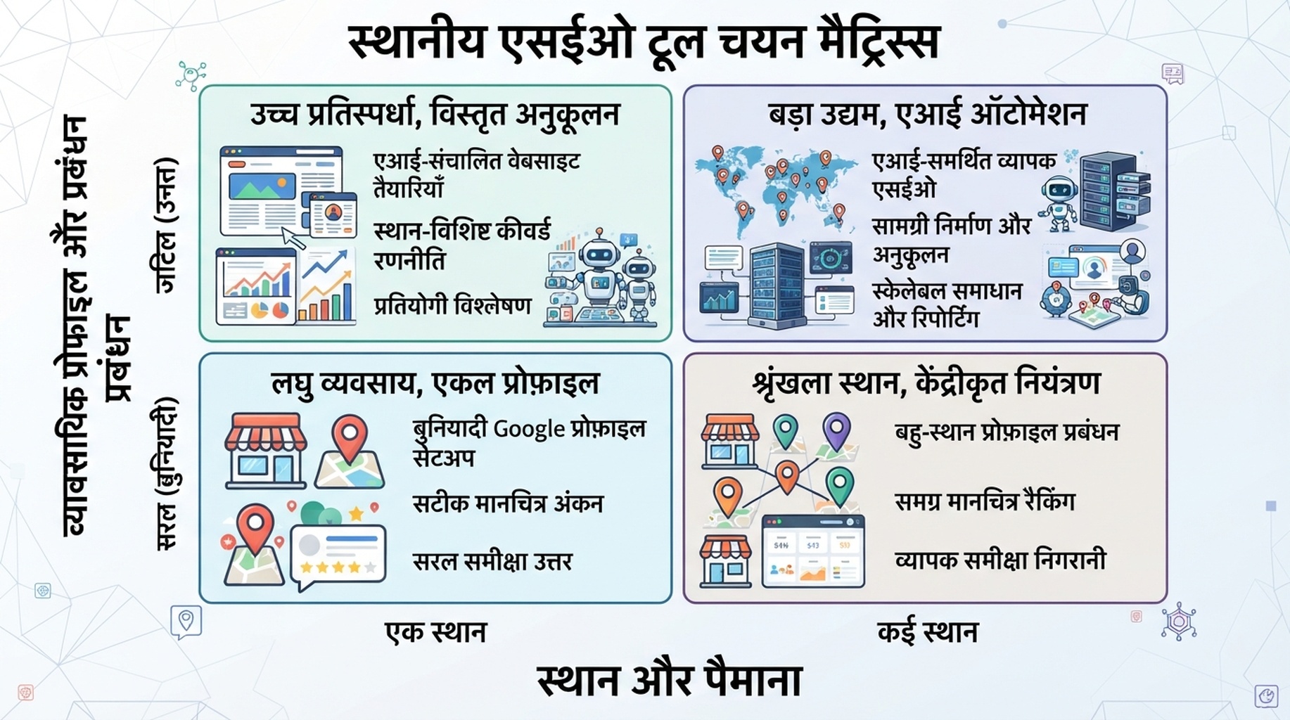 व्यवसाय के आकार और संचालन जटिलता के अनुसार स्थानीय SEO टूल श्रेणियों का मैट्रिक्स