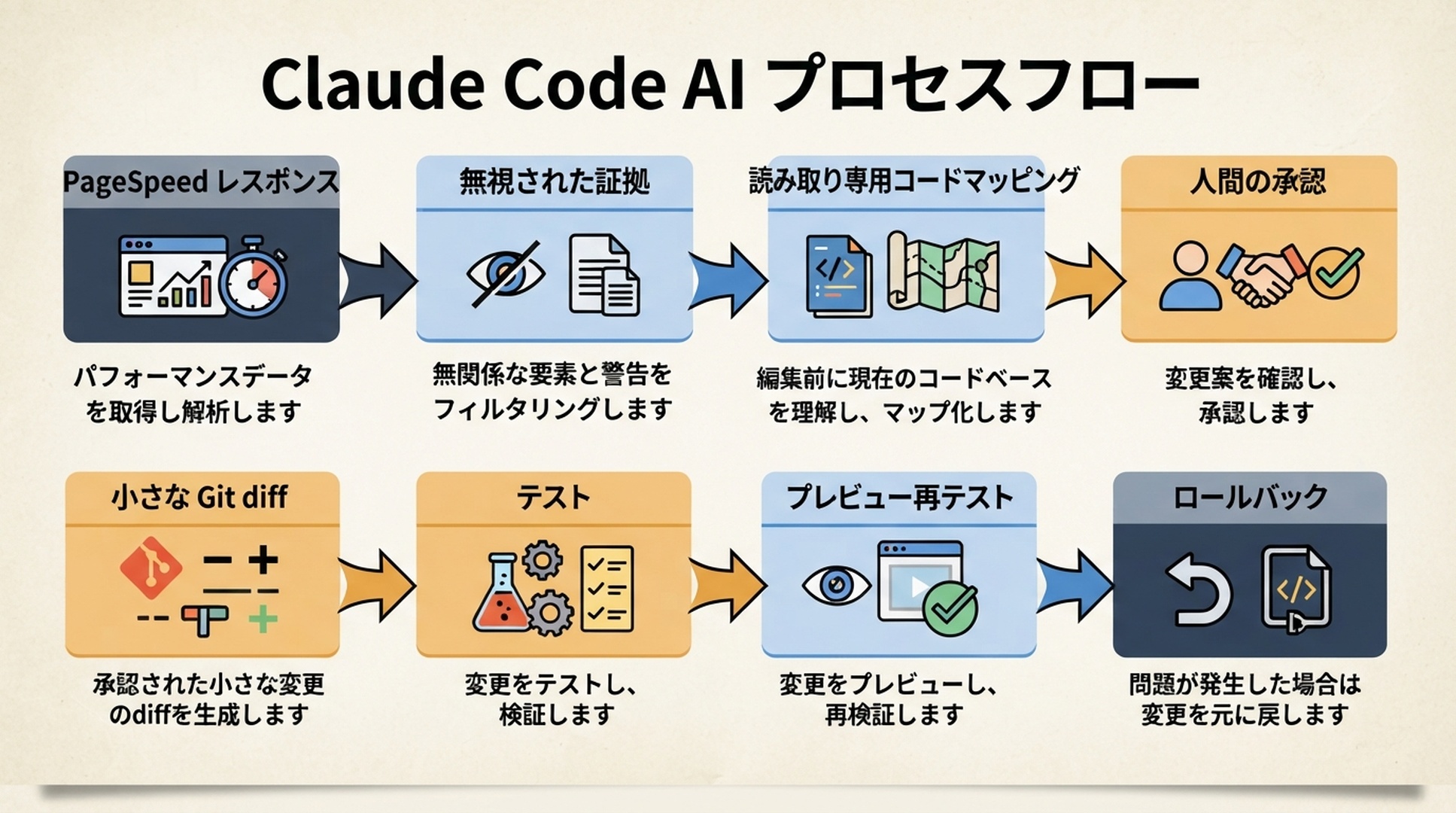 PageSpeed応答から無視対象の証拠、読み取り専用のリポジトリ調査、人の承認、小さなGit diff、テスト、再測定、ロールバックへ進む流れ。
