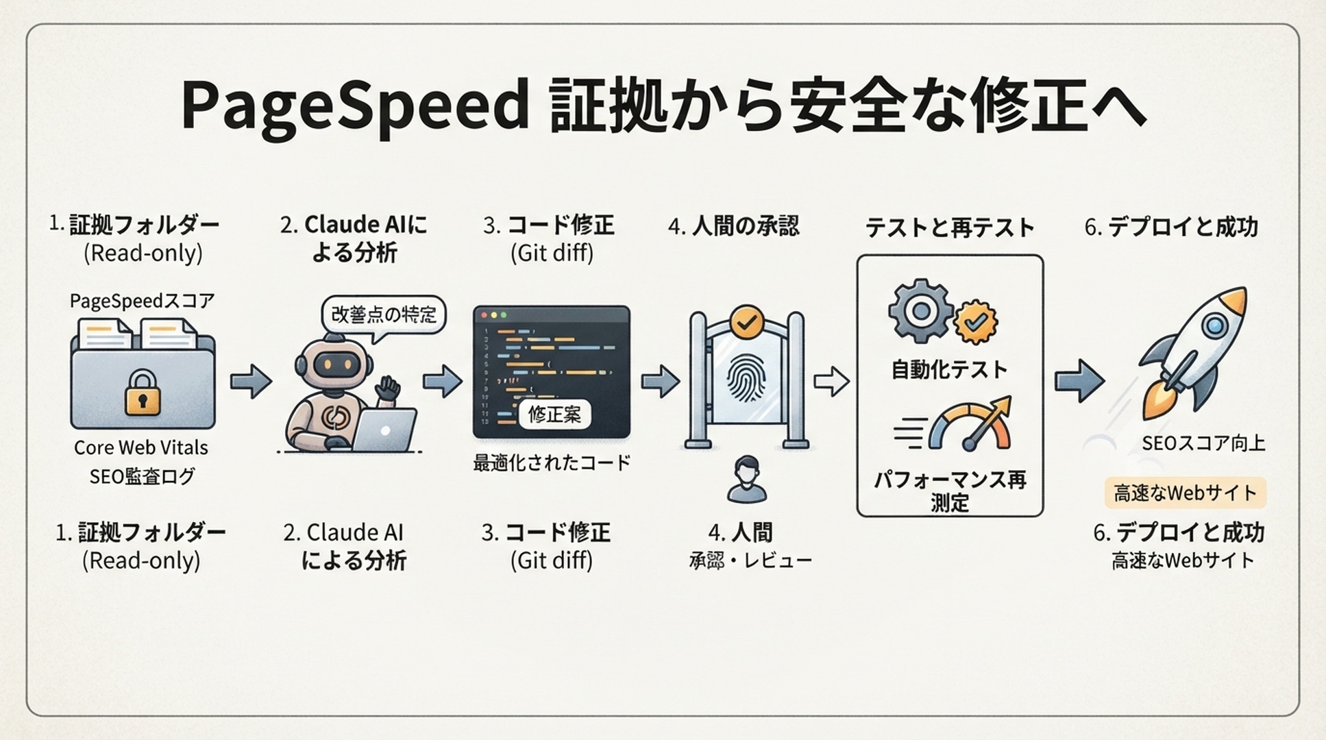Claude CodeのSkillと監査ルールが、保護されたアプリケーションソースから分離した無視対象の証拠ディレクトリへ書き込む構成図。