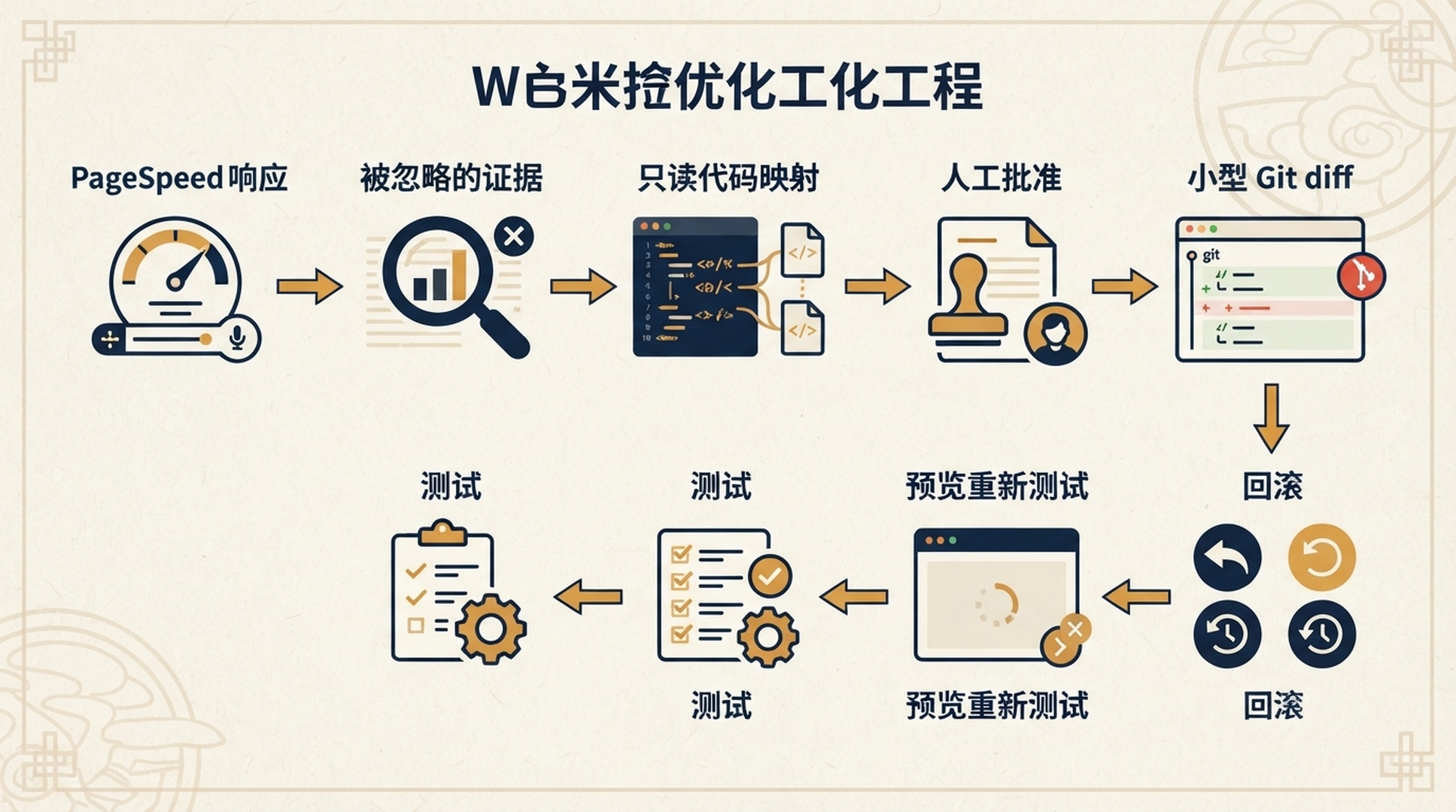 從 PageSpeed 回應、被忽略的證據、唯讀程式碼映射、人為核准、小型 Git diff、測試到預覽重測與回滾的證據鏈。