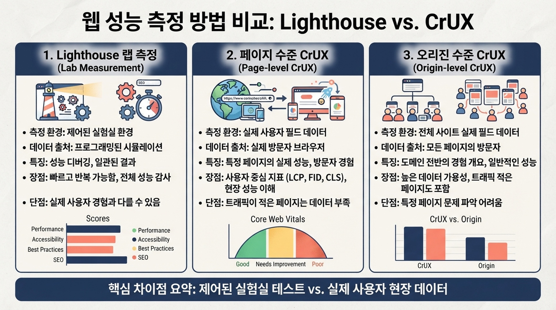 한 번의 Lighthouse 실험실 측정과 페이지 수준 및 오리진 수준 CrUX를 구분하는 다이어그램.