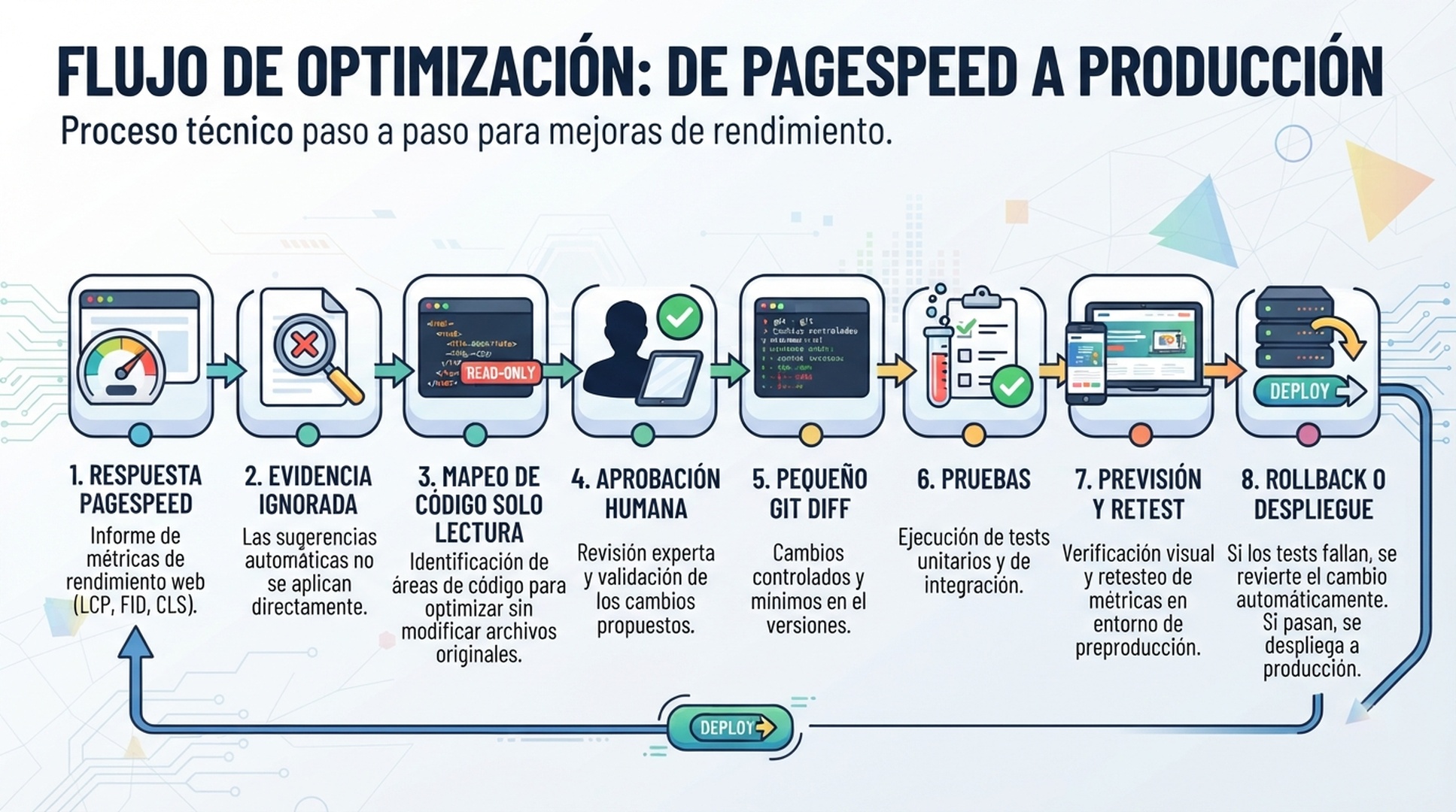 Cadena de evidencia desde PageSpeed hasta mapeo de codigo de solo lectura, aprobacion humana, diff pequeno, pruebas y nueva medicion.